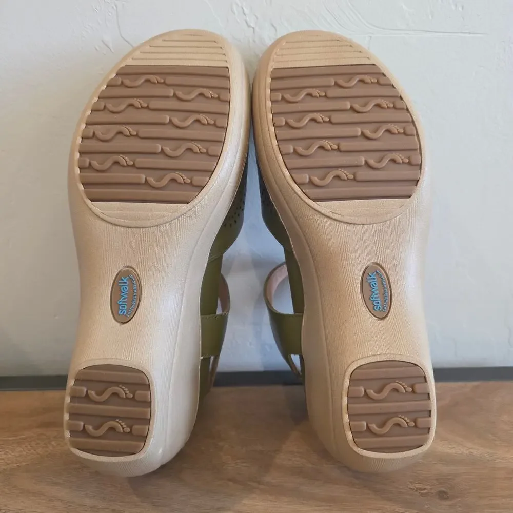 SoftWalk Mabelle Perf Olive Green Leather Laser Cut Wedge Clog Sandals Size 10M
